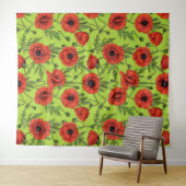 Papaver, rood en groen op limoengroen wandkleed (In Situ (horizontaal))
