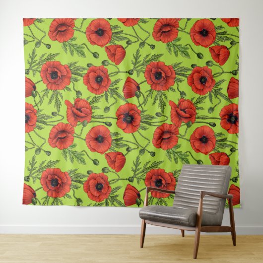 Papaver, rood en groen op limoengroen wandkleed (In Situ (horizontaal))