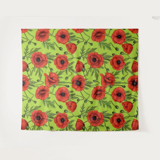 Papaver, rood en groen op limoengroen wandkleed (Voorkant (horizontaal))