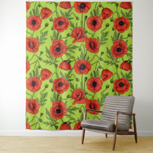 Papaver, rood en groen op limoengroen wandkleed