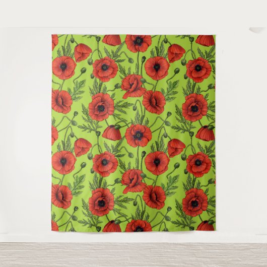 Papaver, rood en groen op limoengroen wandkleed (Voorkant)
