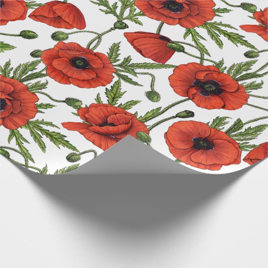 Papaver, rood en groen op wit cadeaupapier (Hoek)