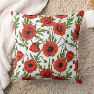 Papaver, rood en groen op wit kussen