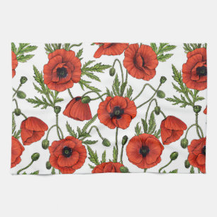 Papaver, rood en groen op wit theedoek