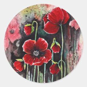papaverbloemen in Waterverf Ronde Sticker