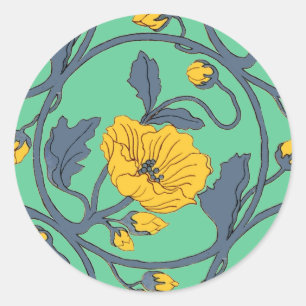 Papavers Bloem  Tegel Design Art Nouveau Ronde Sticker