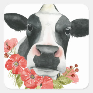 Papavers Boerderij - Koe met bloemen Vierkante Sticker