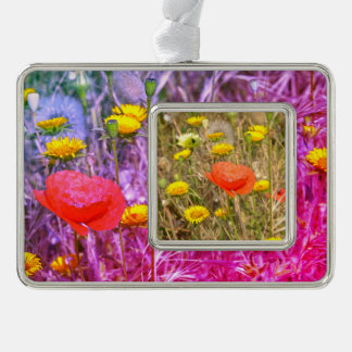Papavers en geel briefkaart met metalen versiering verzilverd kader ornament