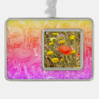 Papavers en geel briefkaart met metalen versiering verzilverd kader ornament