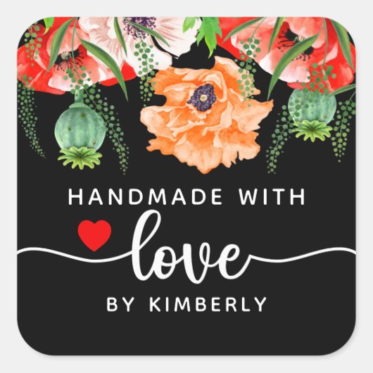 Papavers handgemaakt met Love Black Square Sticker (Voorkant)