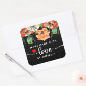 Papavers handgemaakt met Love Black Square Sticker (Envelop)