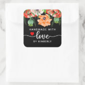 Papavers handgemaakt met Love Black Square Sticker (Tas)