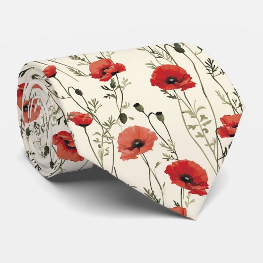 Papavers op crème stropdas (Opgerold)