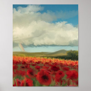 Papavers, regenboog en puffe wolken poster