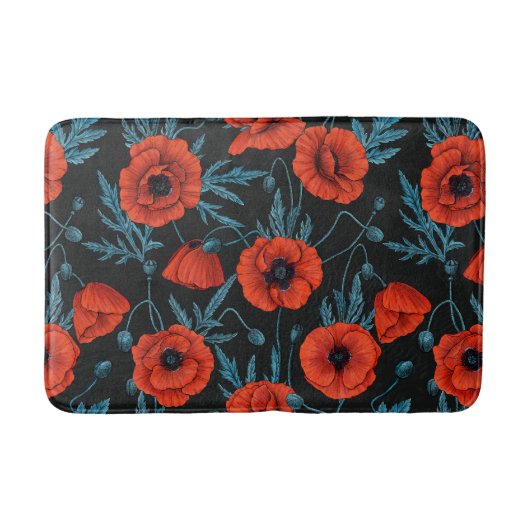 Papavers, rood en blauw op zwart badmat (Voorkant)