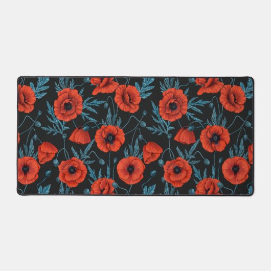 Papavers, rood en blauw op zwart bureaumat (Voorkant)