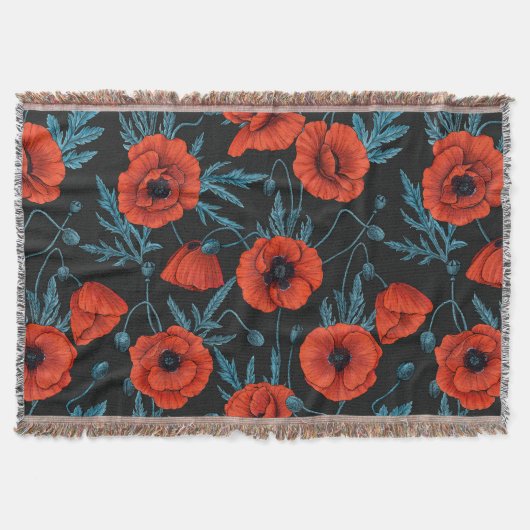 Papavers, rood en blauw op zwart deken (Voorkant)