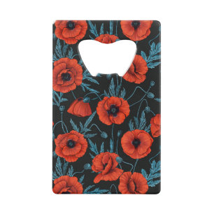 Papavers, rood en blauw op zwart kredietkaart flessenopener