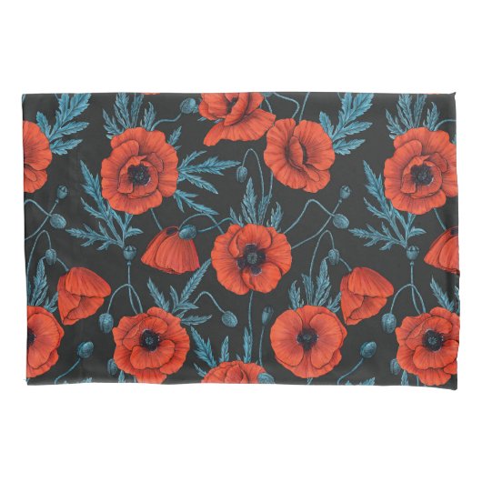 Papavers, rood en blauw op zwart kussensloop (Voorkant-Links)