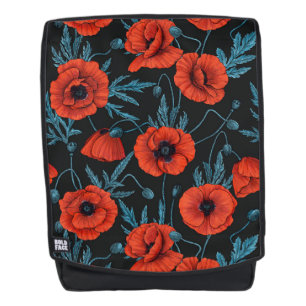 Papavers, rood en blauw op zwart rugtassen