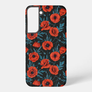 Papavers, rood en blauw op zwart samsung galaxy hoesje