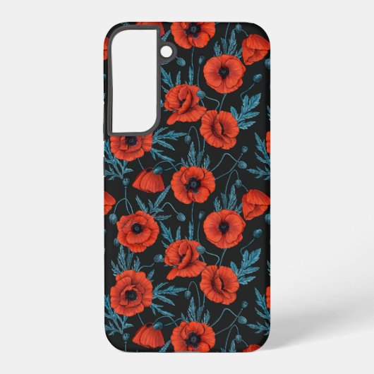 Papavers, rood en blauw op zwart samsung galaxy hoesje (Achterkant)