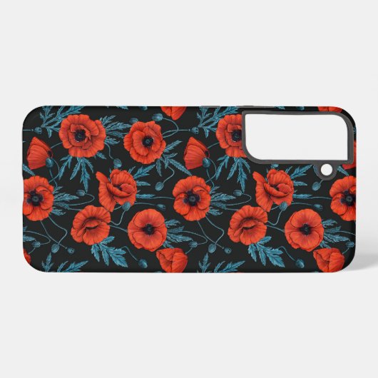 Papavers, rood en blauw op zwart samsung galaxy hoesje (Achterkant horizontaal)