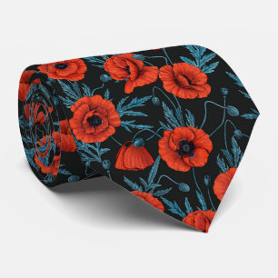 Papavers, rood en blauw op zwart stropdas