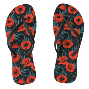 Papavers, rood en blauw op zwart teenslippers