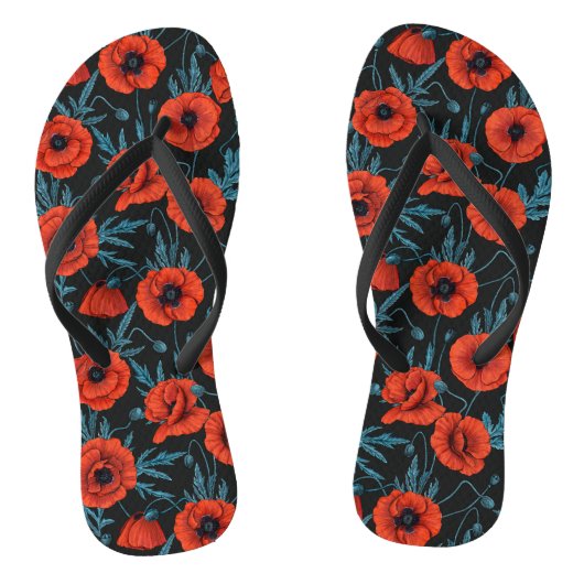 Papavers, rood en blauw op zwart teenslippers (Voetbed)