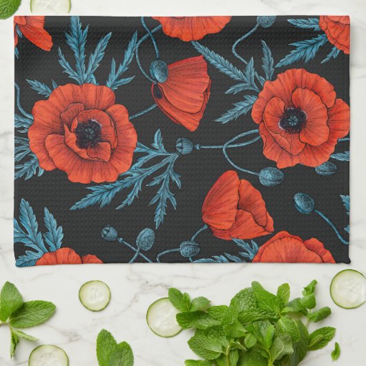 Papavers, rood en blauw op zwart theedoek (Gevouwen)