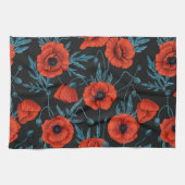 Papavers, rood en blauw op zwart theedoek (Horizontaal)