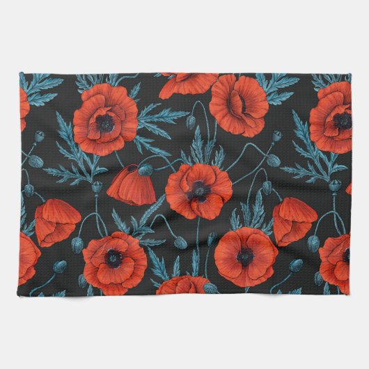 Papavers, rood en blauw op zwart theedoek (Horizontaal)
