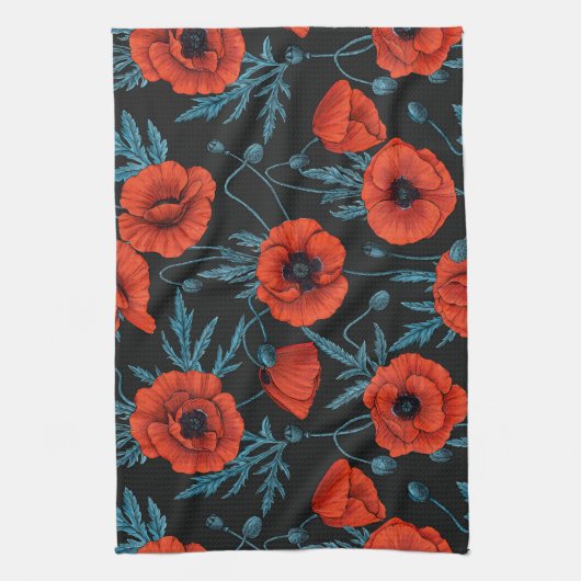 Papavers, rood en blauw op zwart theedoek (Verticaal)