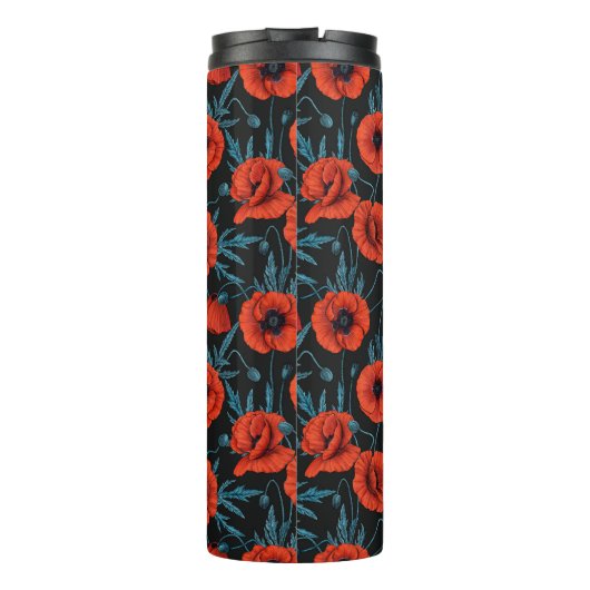 Papavers, rood en blauw op zwart thermosbeker (Achterkant)