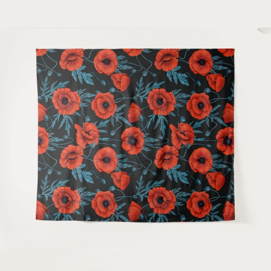 Papavers, rood en blauw op zwart wandkleed (Voorkant (horizontaal))