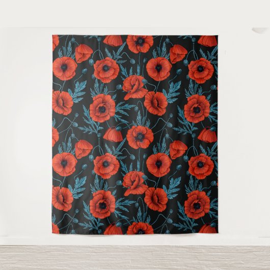 Papavers, rood en blauw op zwart wandkleed (Voorkant)