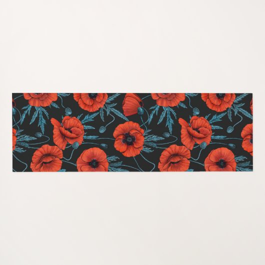 Papavers, rood en blauw op zwart yogamat (Achterkant (horizontaal))