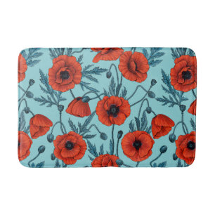 Papavers, rood en blauw op zwembad blauw badmat