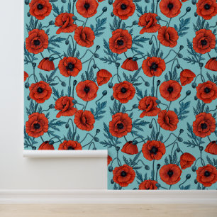 Papavers, rood en blauw op zwembad blauw behang