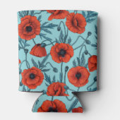 Papavers, rood en blauw op zwembad blauw blikjeskoeler (Achterkant)