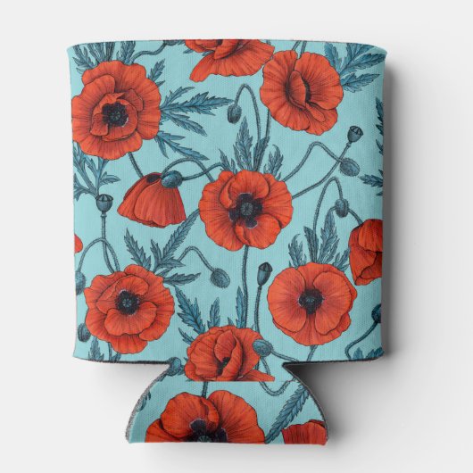 Papavers, rood en blauw op zwembad blauw blikjeskoeler (Achterkant)