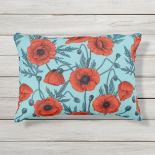 Papavers, rood en blauw op zwembad blauw buitenkussen