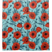 Papavers, rood en blauw op zwembad blauw douchegordijn (Voorkant)