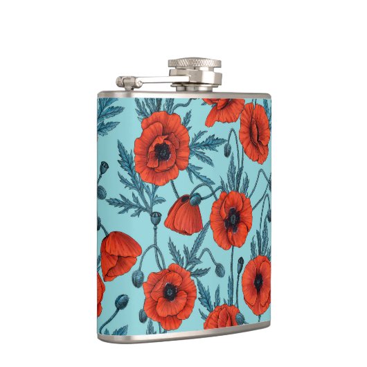 Papavers, rood en blauw op zwembad blauw heupfles (Rechts)