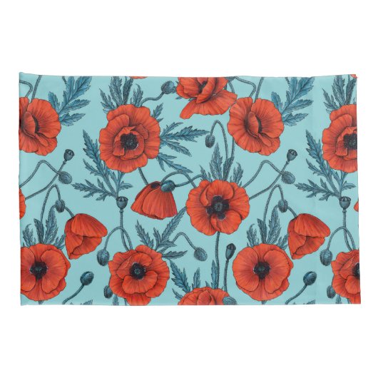 Papavers, rood en blauw op zwembad blauw kussensloop (Achterkant-Rechts)