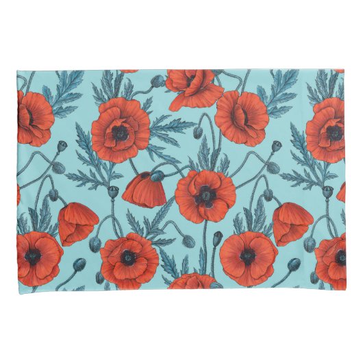 Papavers, rood en blauw op zwembad blauw kussensloop (Voorkant-Rechts)