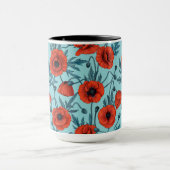 Papavers, rood en blauw op zwembad blauw mok (Midden)