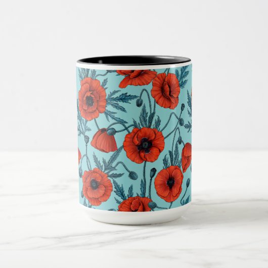 Papavers, rood en blauw op zwembad blauw mok (Midden)