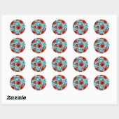 Papavers, rood en blauw op zwembad blauw ronde sticker (Vel)